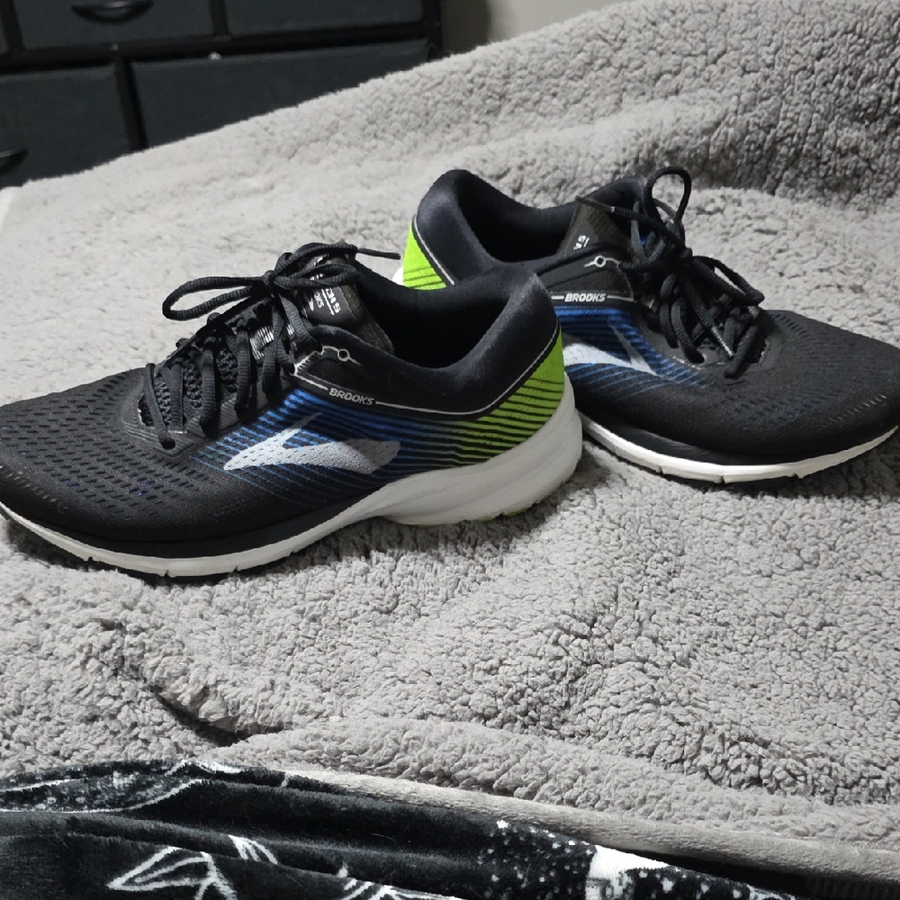 Brooks Black and Blue Athletic Shoes with Green Accents